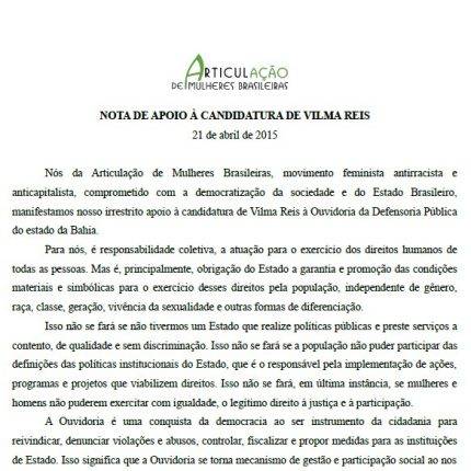 Nota de apoio à candidatura de Vilma Reis à Ouvidoria da Defensoria Pública do estado da Bahia (2015)
