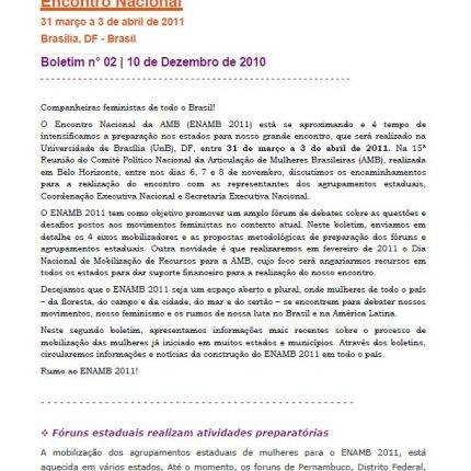 II Encontro Nacional da Articulação de Mulheres Brasileiras (Enamb) – Boletim n° 02
