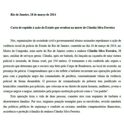 Carta de repúdio à ação do Estado que resultou na morte de Cláudia Silva Ferreira (2014)
