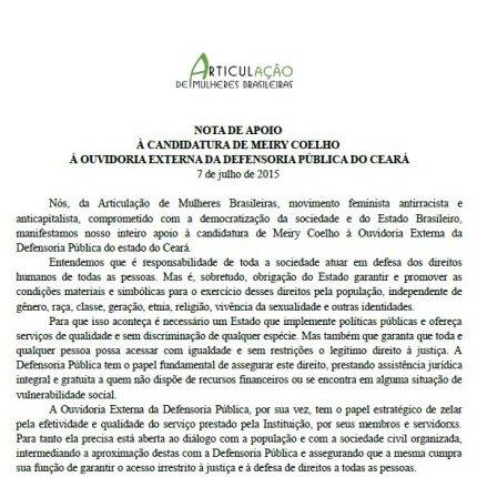 Nota de apoio à candidatura de Meiry Coelho à Ouvidoria externa da Defensoria Pública de Ceará (2015)