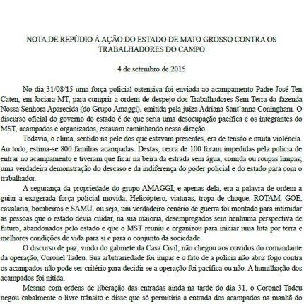 Nota de Repúdio à ação do Estado de Mato Grosso contra os trabalhadores do campo (2015)