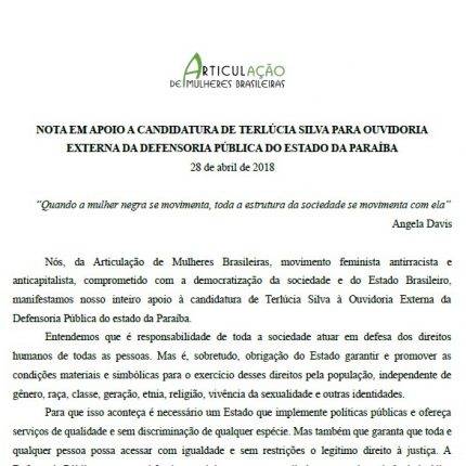 Nota em apoio a candidatura de Terlúcia Silva para ouvidoria externa da Defensoria Pública do Estado da Paraíba (2018)